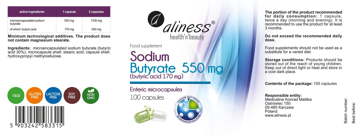 Aliness Sodium Butyrate 100 Capsules 550mg - Gut Health Supplements with Microcapsule Technology - IBS Relief Supplement for Men & Women - (Butyric Acid)