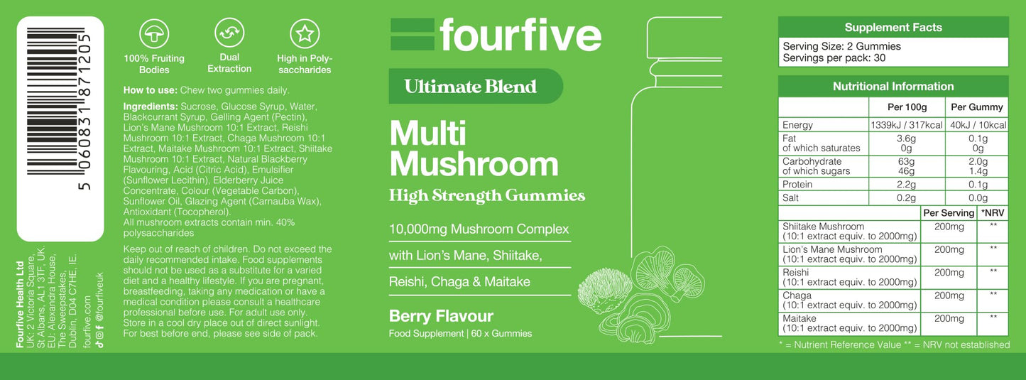 fourfive Multi Mushroom Gummies (10000mg) Ultimate Blend with Reishi, Lion's Mane, Chaga, Maitake & Shiitake, Optimum Daily Dose - 60 Gummies