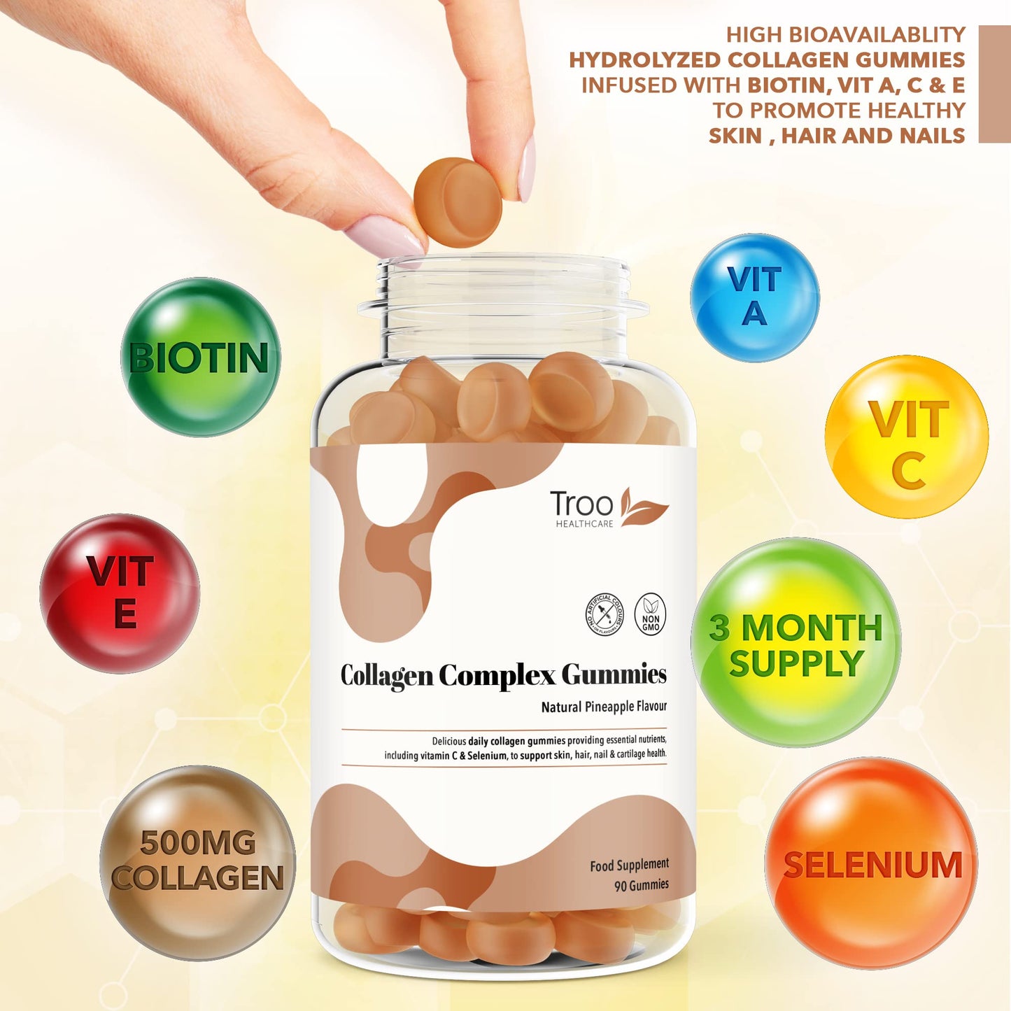 Troo Health Care Collagen Complex - 90 Natural Pineapple Flavour Chewable Gummies - One Per Day Hydrolysed Collagen with Biotin, Vitamin C and Selenium - Three Months Supply – Healthy Skin and Hair for Men and Women