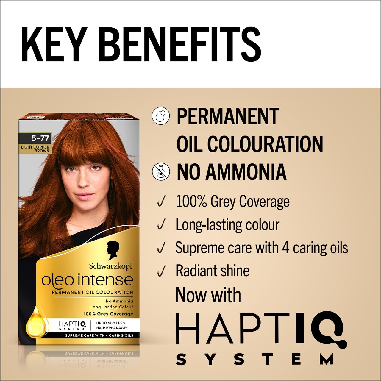 Schwarzkopf Oleo Intense Permanent Oil Colour 5-77 Light Copper Brown Hair Dye, 100% Grey Coverage, Conditioner with HaptIQ System, Long-Lasting Colour, Ammonia Free Hair Dye