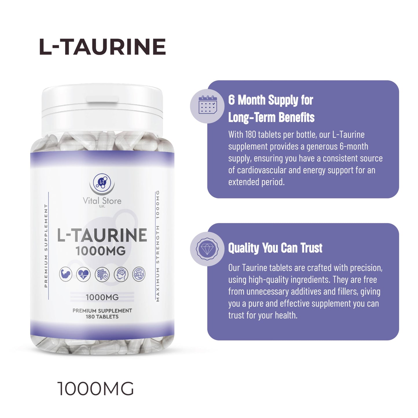 Generic L-Taurine 1000mg Vegan Tablets - 6 Months Supply - Vegan Taurine Supplement