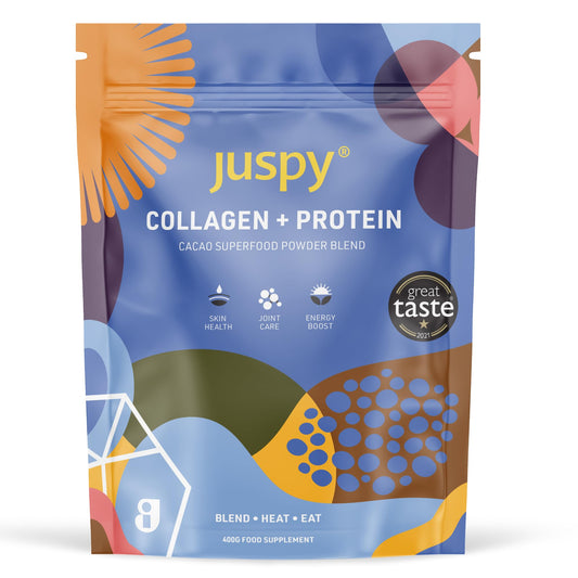 Juspy Premium Marine Collagen Powder + High Protein Cacao Superfood Blend | 8000mg Hydrolysed Marine Collagen Peptides | Collagen Supplement For Women & Men | Skin & Joint Health, Energy Boost | 400gr