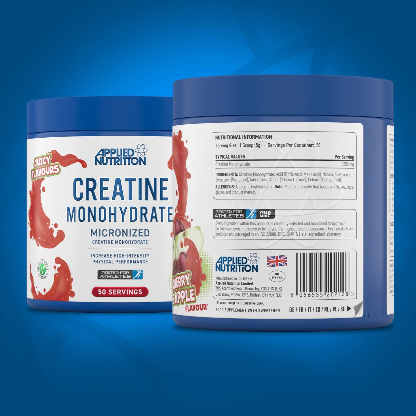 Applied Nutrition Creatine + 700ml Shaker | Creatine Monohydrate Micronized Powder with Flavour, Increases High-Intensity Physical Performance (250g - 50 Servings) (Cherry & Apple)