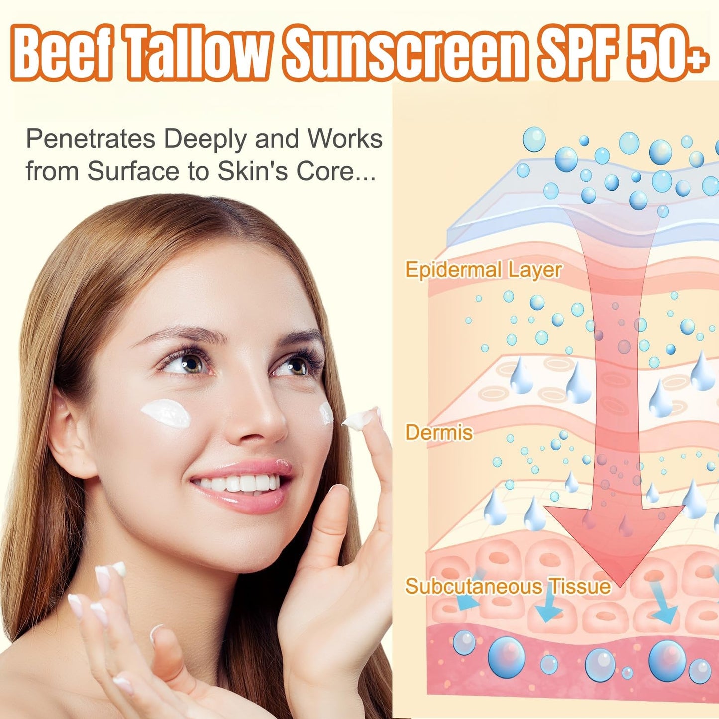 SingHao Beef Tallow Sunscreen SPF 50+,Natural Tallow Sun Cream for Face & Body,Tallow Balm Instant Sun Protection,Body Moisturiser for Dry Skin,SPF 50 Face Moisturiser,Light Texture,Natural Ingredients