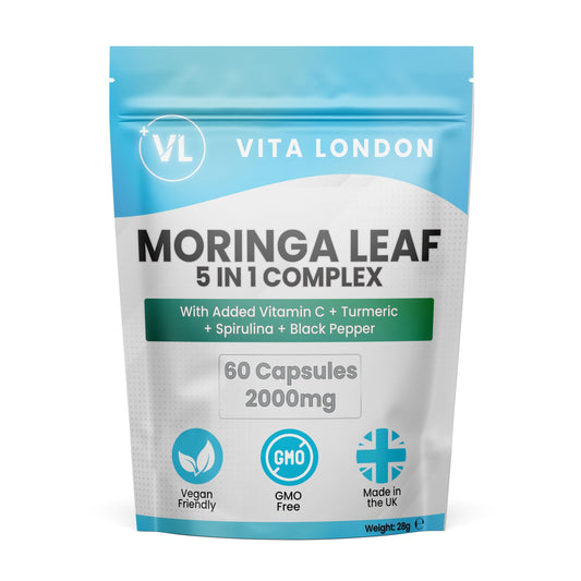 VL Vita London Moringa Leaf Capsules 2000mg | Added Vitamin C + Turmeric + Spirulina + Black Pepper | High Strength Supplements for Men & Women | 120 Vegan Capsules (Not Powder, Tablets of Gummies)