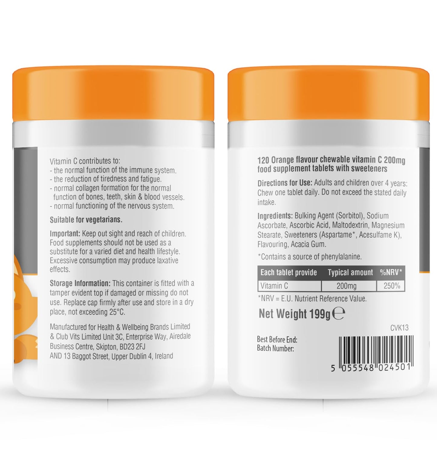 Childrens Vitamin C 200mg 120 Orange Flavour Chewable Tablets Kids Immunity by C.Defence, Made in The UK (120, Orange) (120, Orange)