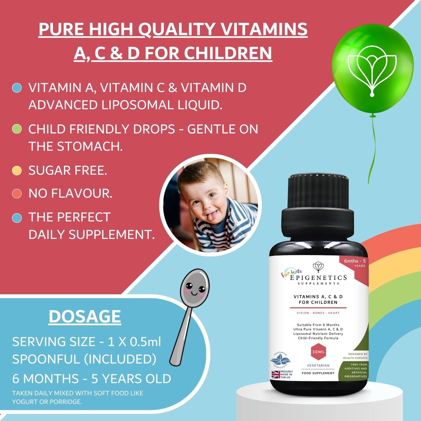 Epigenetics Kids Vitamins A, C & D for Children & Baby | Bones, Vision & Heart | Sugar Free Liposomal Liquid Multivitamin Supplement | 2 Month Supply | 30ml Bottle with Spoon. Vegetarian & UK Made