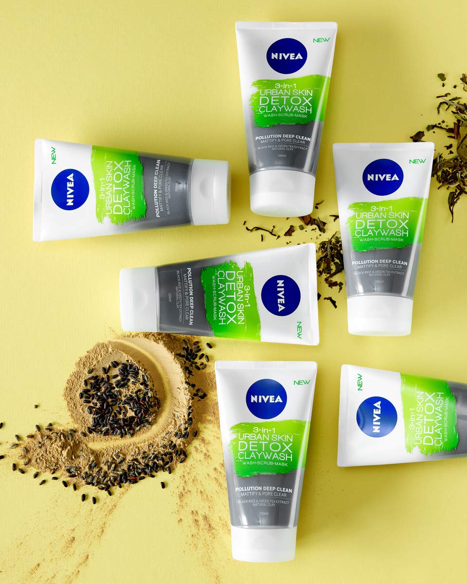 NIVEA 3-IN-1 Urban Skin Detox Clay Wash, 150ml, Detoxing Face Mask for All Skin Types, Face Wash, Natural Clay Mask with Black Rice & Green Tea Extract.