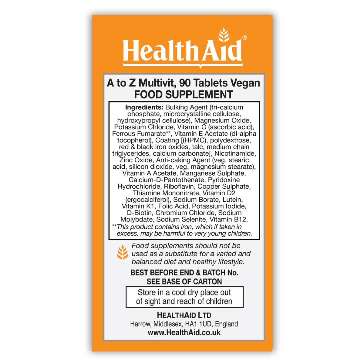 HealthAid A to Z Multivit - 90 Vegan Tablets, Pack of 1