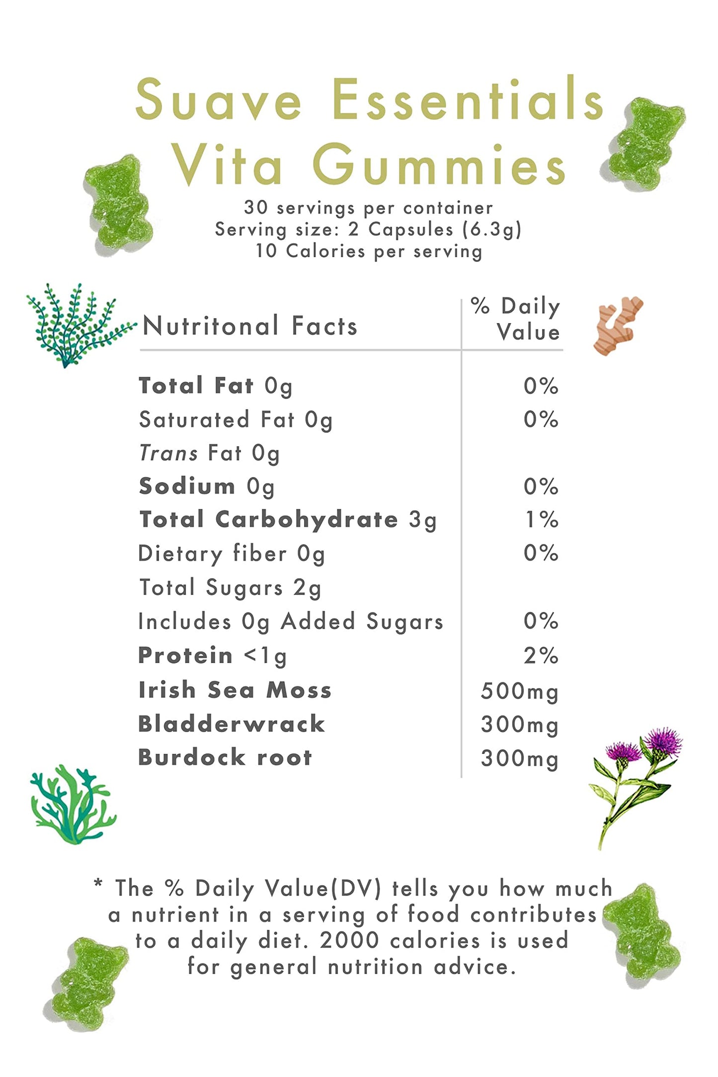 Suave Moss Lifestyle | Sea Moss Gummies with Bladderwrack and Burdock Root | 60 Gummies | Apple Flavour | All Natural, Vegan, Gluten Free, Non GMO, Dr Sebi.
