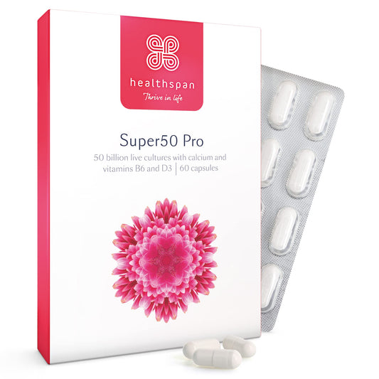 healthspan Healthspan Super50 Probiotic | Gut Health | with Vitamin D3 | 50 Billion Live Probiotic Cultures | Vitamin B6 | Calcium | Vegetarian (60 Capsules)