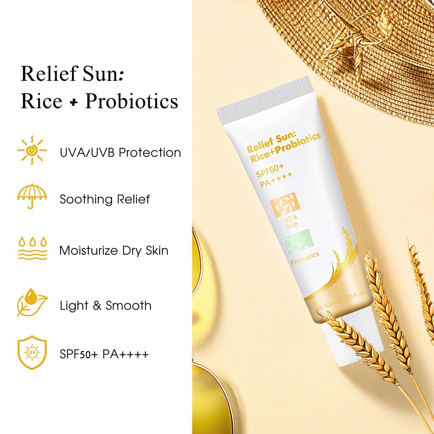 TBeautfave Rice Sunscreen SPF 50+, Relief Sun Rice + Probiotics SPF 50 + Sun Cream, Moisturizing Suncream Factor 50 for Face Body, Korean Sunscreen for Dry Sensitive Skin, No White Cast, 50ml