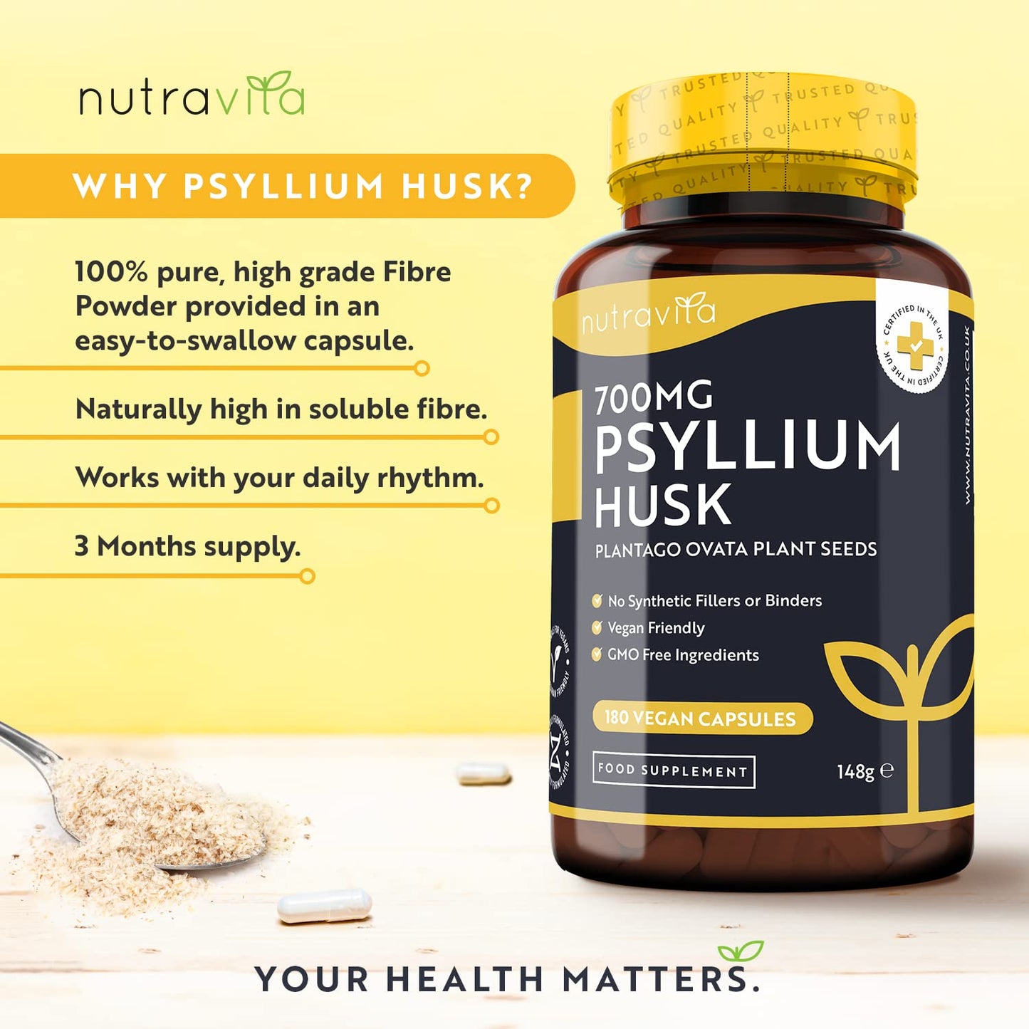 Psyllium Husks Fibre Supplement – 1400mg per Serving – Naturally High in Soluble Fibre – 180 Vegan Capsules – Supports Daily Rhythm – 100% Pure Plantago Ovata Plant Seeds – Made in The UK by Nutravita