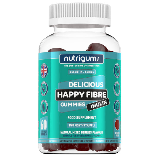 Happy Fibre (Inulin) Prebiotics Mixed Berry 60 Vegan Gummies | Chicory Root, 3.8g Fibre per 2 Gummies. Zero Added Sugar | Gut Health and Digestive System Support | Adults & Kids Age 5+ by NUTRIGUMS®
