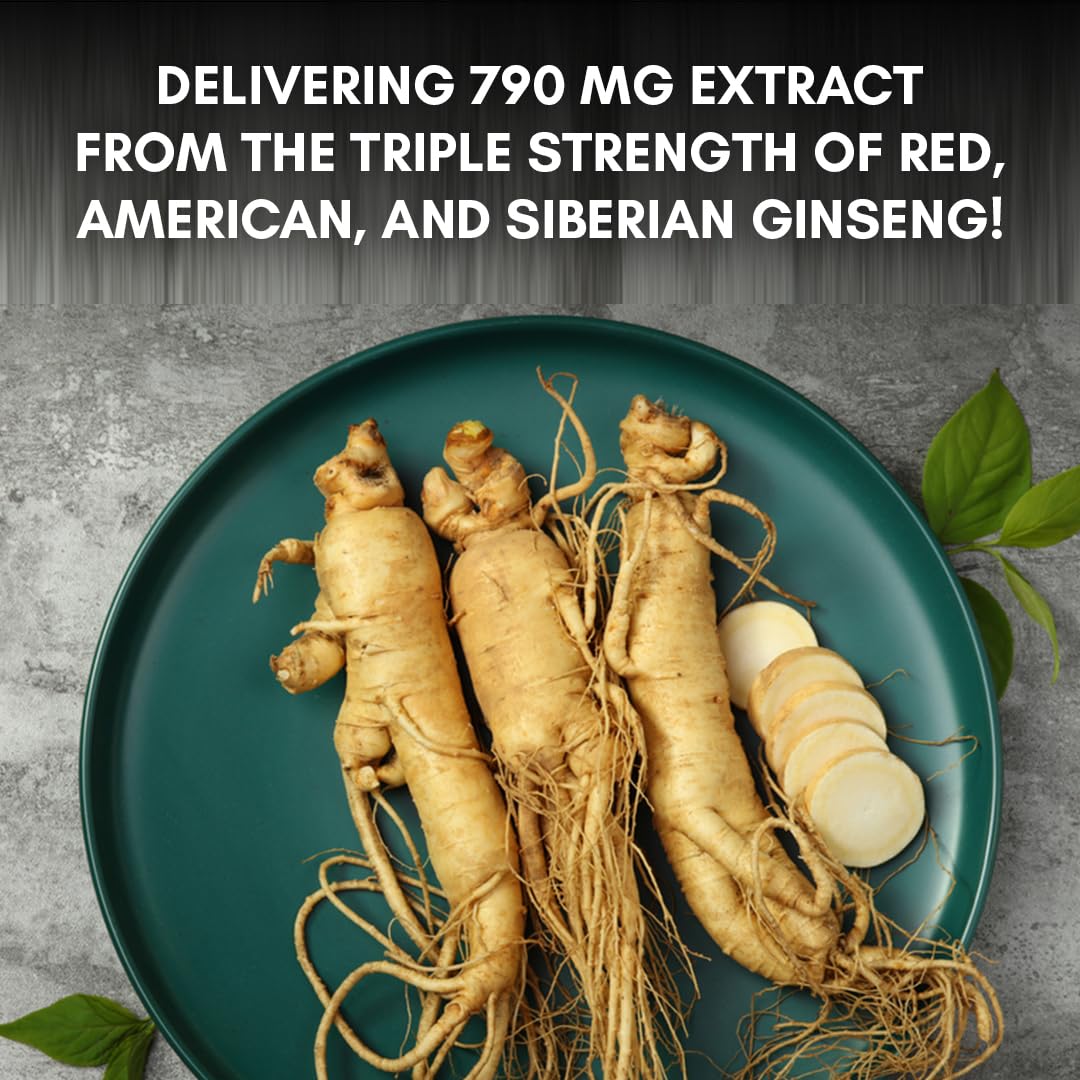 PURENUTRITION ME Pure Nutrition Triple Ginseng - A Unique and Effective Combination of Red Ginseng, American Ginseng, and Siberian Ginseng | Energy Supplement | 790mg Capsule | 120 Veg Capsules