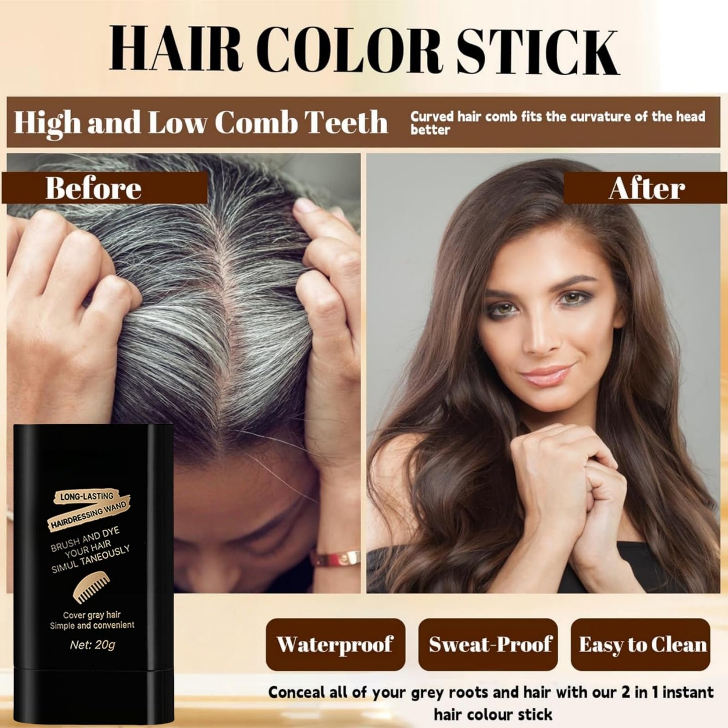 Yoowan Comb Hair Dye for Grey Hair Coverage,Ha-Ir Dye Comb,Ha-Ir Root Colour Touch Up,H-Air Colour Stick,Concealer Stick For Women,Waterproof&Sweat-Proof,Temporary Dyeing,Gentle Formula(Brown)