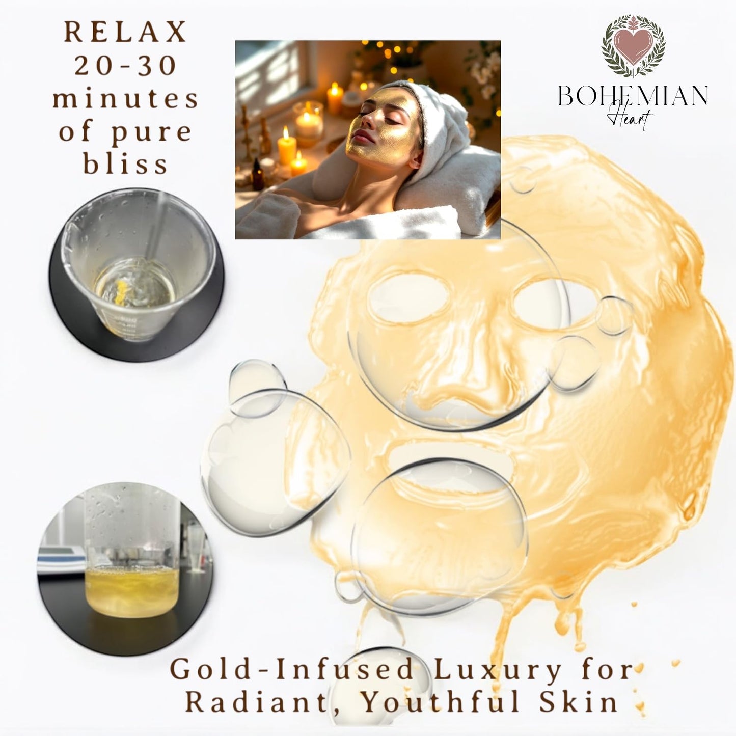 Spa Grade Luxury Gold Bio-Collagen Face Masks Ultra-Hydrating & Brightening with Royal Jelly & Natural Extracts. Reduces fine lines. Soothing & ultra thin. Pack of 5 by Bohemian Heart