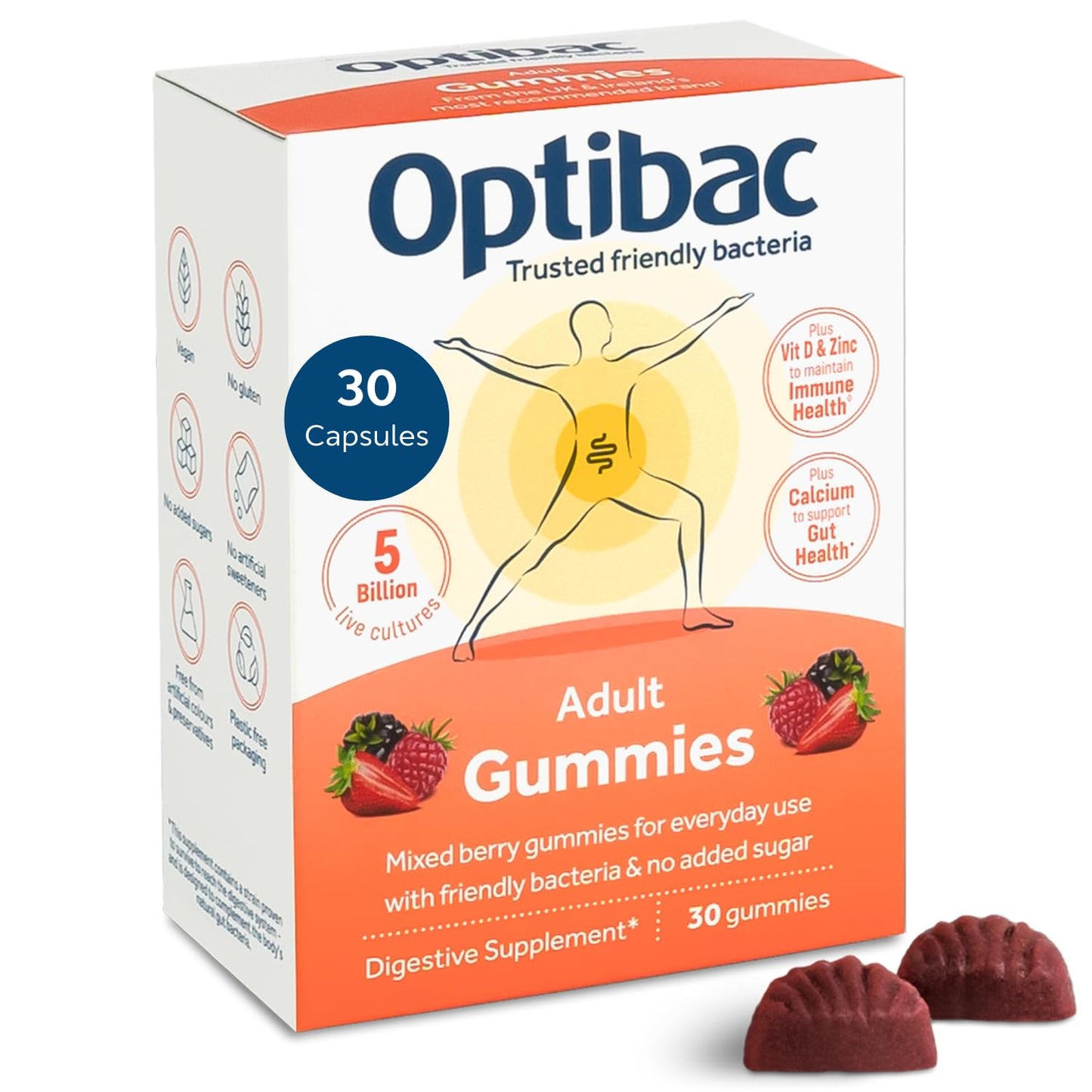 Optibac Probiotics Adult Gummies - Vegan Digestive Probiotic Supplement with Vitamin D, Zinc & Calcium for Immune Support & Gut Health - 5 Billion Bacterial Cultures - 30 Gummies