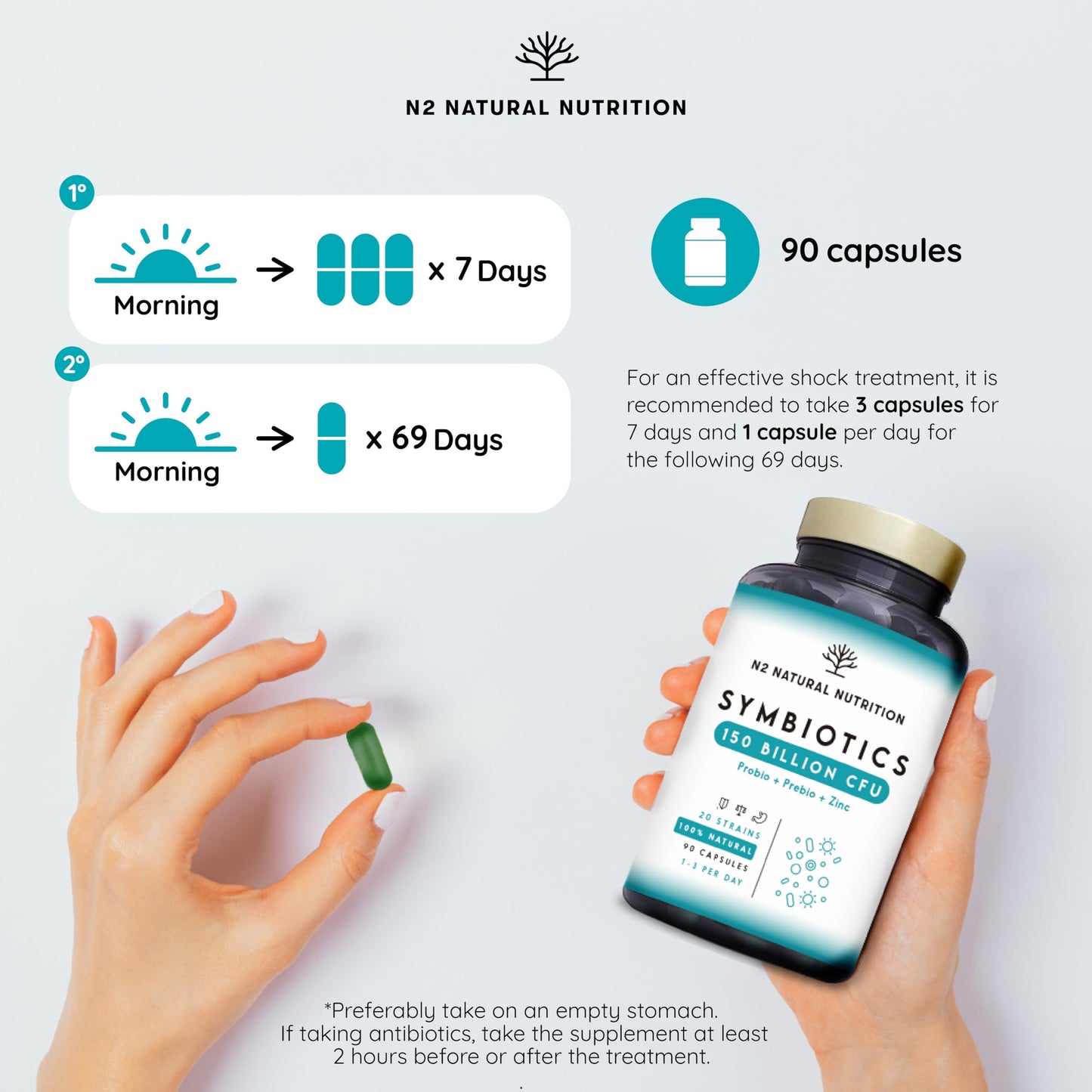 Probiotics 400 Billion CFU/gr* Shock Treatment with 20 Multi Strains, Prebiotics & Zinc with Highest Concentration. Probiotics for Gut Health and IBS Relief. 76 Days Dosage. EU. N2 Natural Nutrition