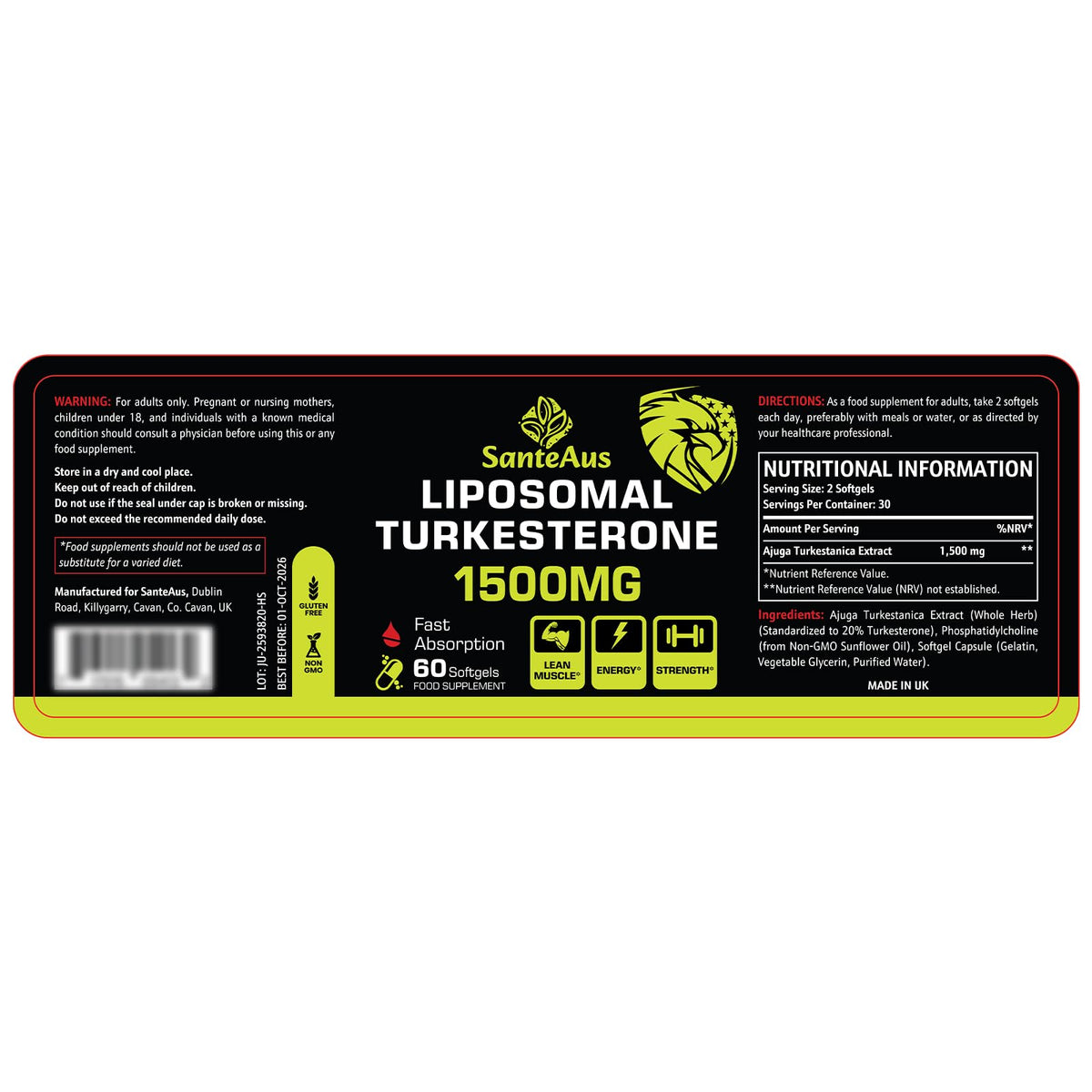 SanteAus Liposomal Turkesterone Capsules 1500mg Supplement,Max Strength Ajuga Turkestanica Extract,Standardized to 20% Turkesterone,Optimal Absorption,Muscle Growth & Recovery,Gluten Free,Fillers Free,2 Pack