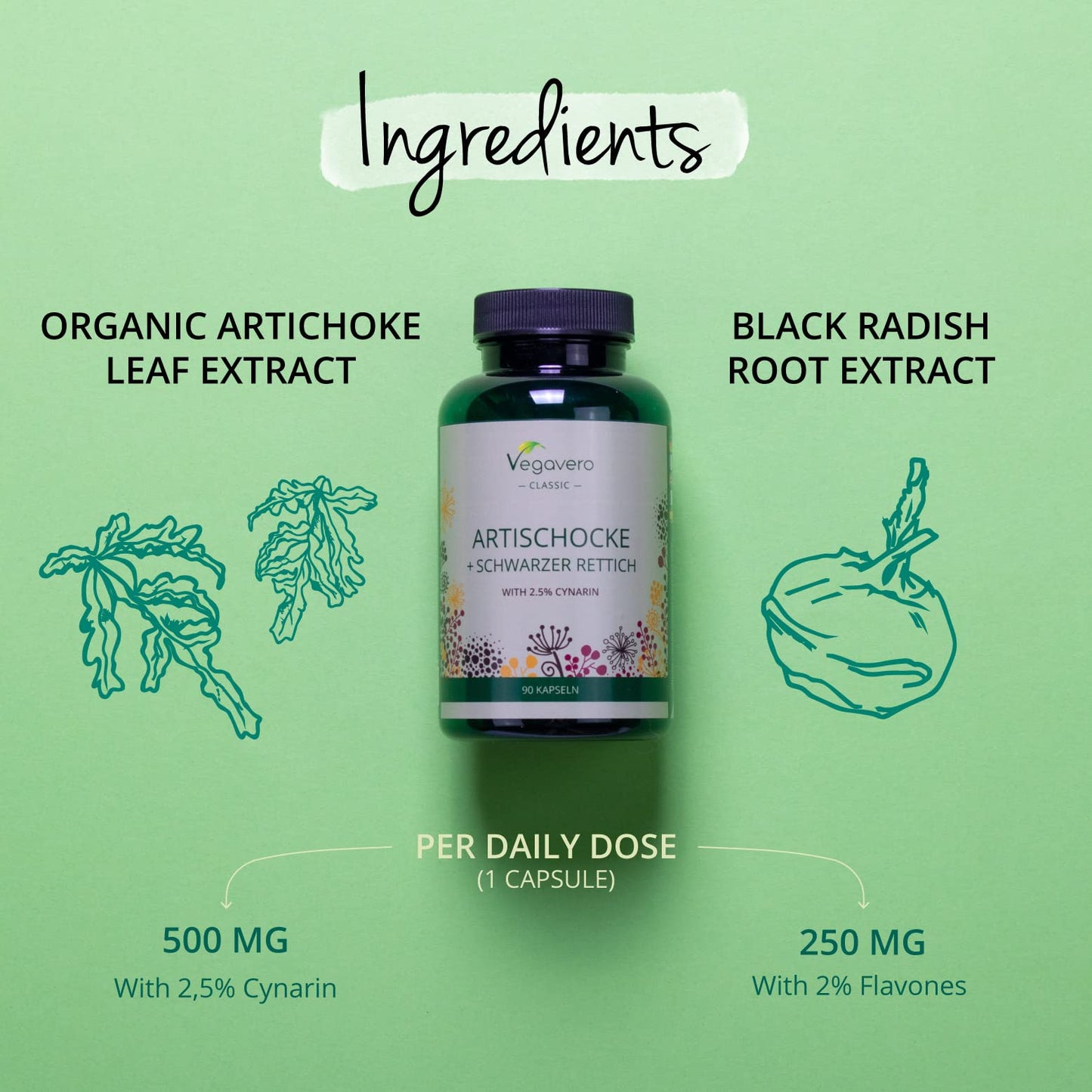 Artichoke & Black Radish Vegavero® | with 2.5% Cynarine & 2% Flavones | Liver & Digestion | 500mg Artichoke Extract, 250mg Black Radish Extract | NO Additives, Lab-Tested | 90 Capsules | Vegan