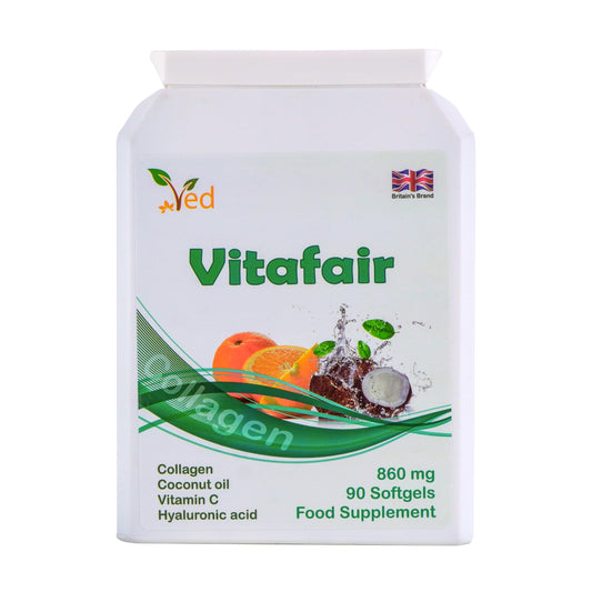 VED Vitafair Collagen Plus Coconut Oil, Vitamin C, hyaluronic Acid, 860 Mg 90 Vitafair Blend of Collagen, Coconut Oil, Vitamin C& Hyaluronic Acid, Support The Condition of Your Skin, 860 mg 90 Soft Gel