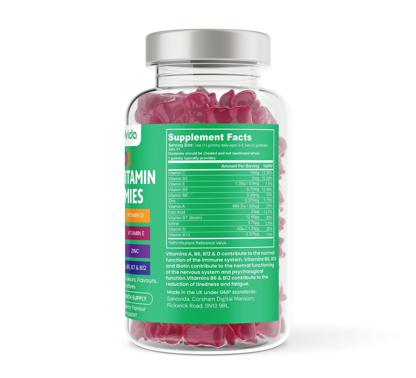 Sanovida Multivitamin for Kids 60 Berry Flavour Gummies - Contains 12 Essential Vitamins + Minerals Including Vitamin C D A, E & B Vitamins for Childrens - Pack of 60 Chewable Vitamins