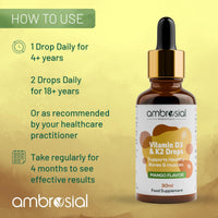 AMBROSIAL Ambrosial Vitamin D3 K2 Drops Liquid Supplement for Adults & Kids | Mango Flavor High Strength Vitamin D Liquid 500 IU & Vitamin K2 50 mcg PER Drop (Pack of 1-30 ml)