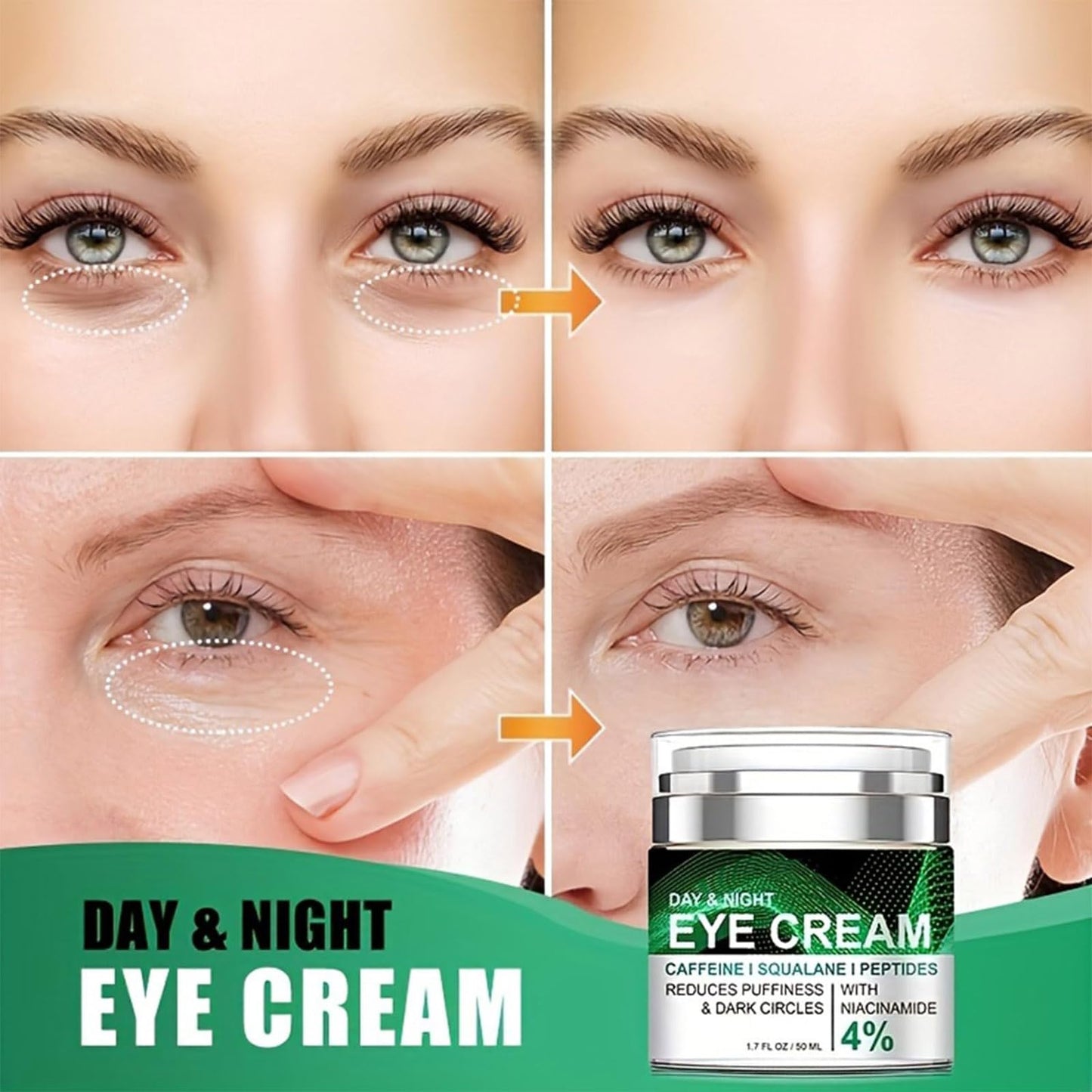 Caffeine Eye Cream for Puffiness and Bags Under Eyes Daily Anti-Wrinkle Cream Collagen Eye Cream Day and Night Peptide Eye Cream Reduce Fine Lines Around the Eyes Smoothing Skin Care 1.7 FL OZ
