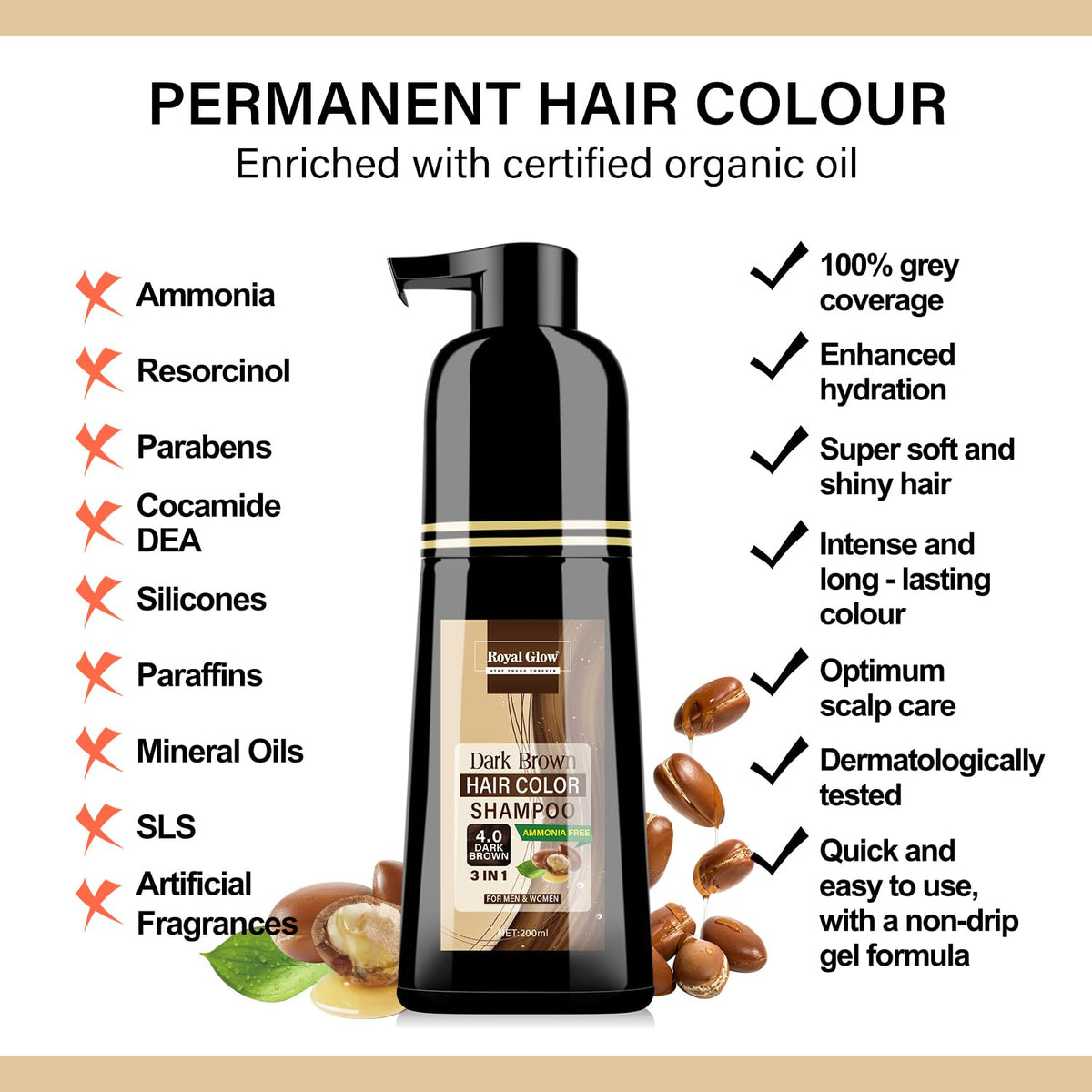 Royal Glow Hair Colour Shampoo – Ammonia-Free, Instant Grey Hair Dye for Men & Women – 3-in-1 Hair Colour, Shampoo & Conditioner – Non-Staining, Easy to Use (Black/Dark Brown) (Dark Brown, 200ml)