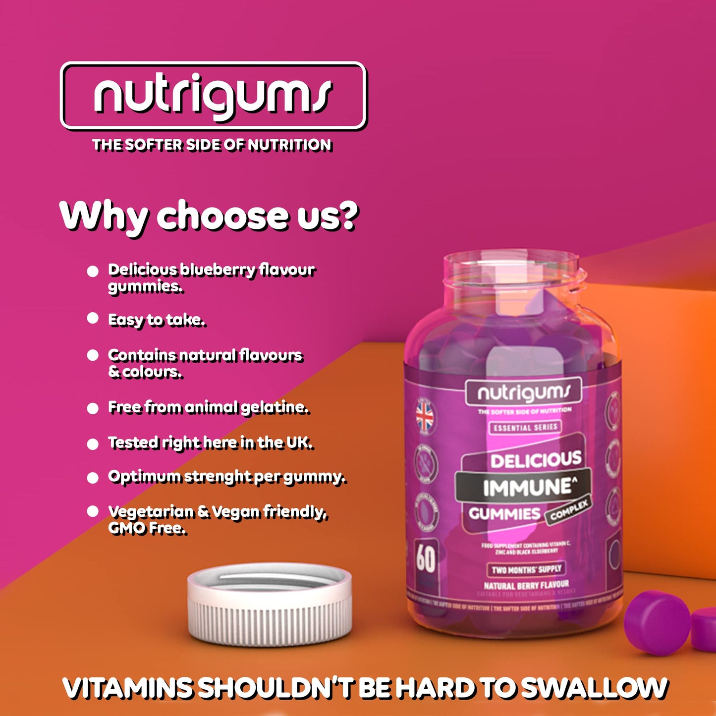 Nutrigums Immune Support 60 Blueberry Flavour Gummies | Two Month Supply | Elderberry Extract 2000mg, Vitamin C 50mg and Zinc 5mg | Vegan Friendly | Suitable for 12+ Years by NUTRIGUMS®