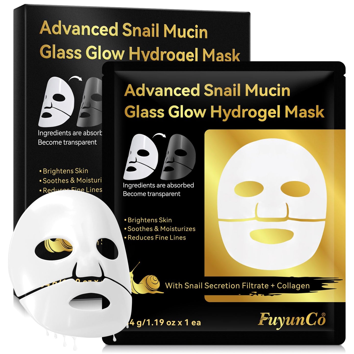 FuyunCo Advanced Snail Mucin Glass Glow Hydrogel Face Masks,Snail Mucin Hydrating Face Masks 4pcs,Deep Moisturizing Overnight Face Mask,Rejuvinating Glass Skin Face Mask,Collagen Face mask for Anti Aging
