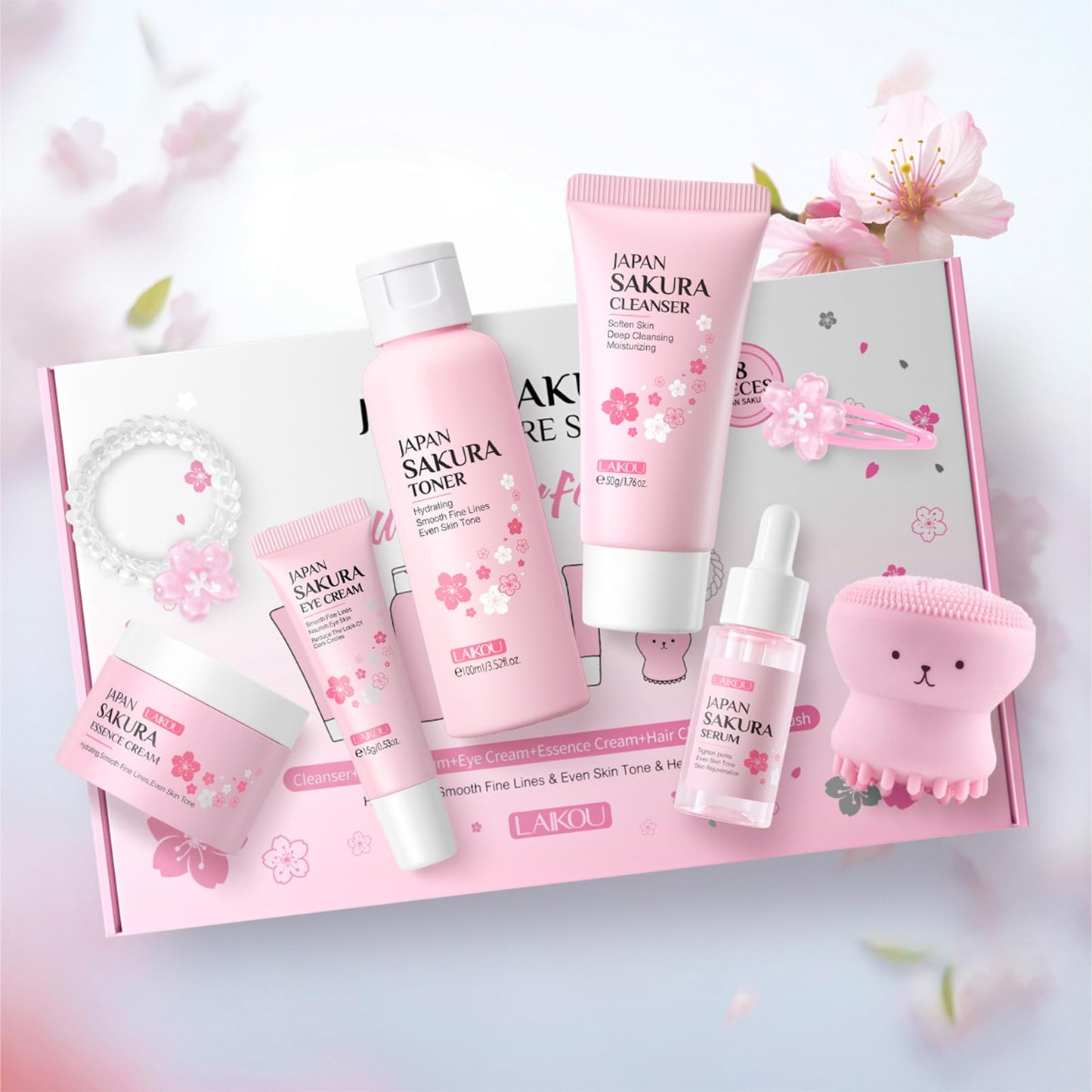 SkinCare Set, JAPAN Sakura Skin Care Sets & Kits, Cleanser, Toner, Serum, Eye Cream, Face Cream, Hair Clip&Tie, Facial Cleansing Brush, Skin Care Gift Set, Hair Care Gift Set for Teenage Girls(8pcs)