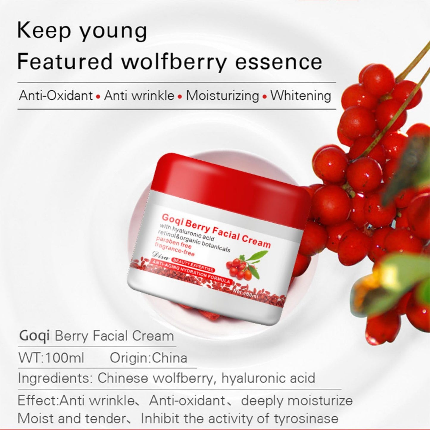 Goji Berry Facial Cream Wolfberry Facial Cream Nourishing Hydrating Skin Lightening Anti-Wrinkle Anti-Aging Skin Care Face Moisturiser 100g