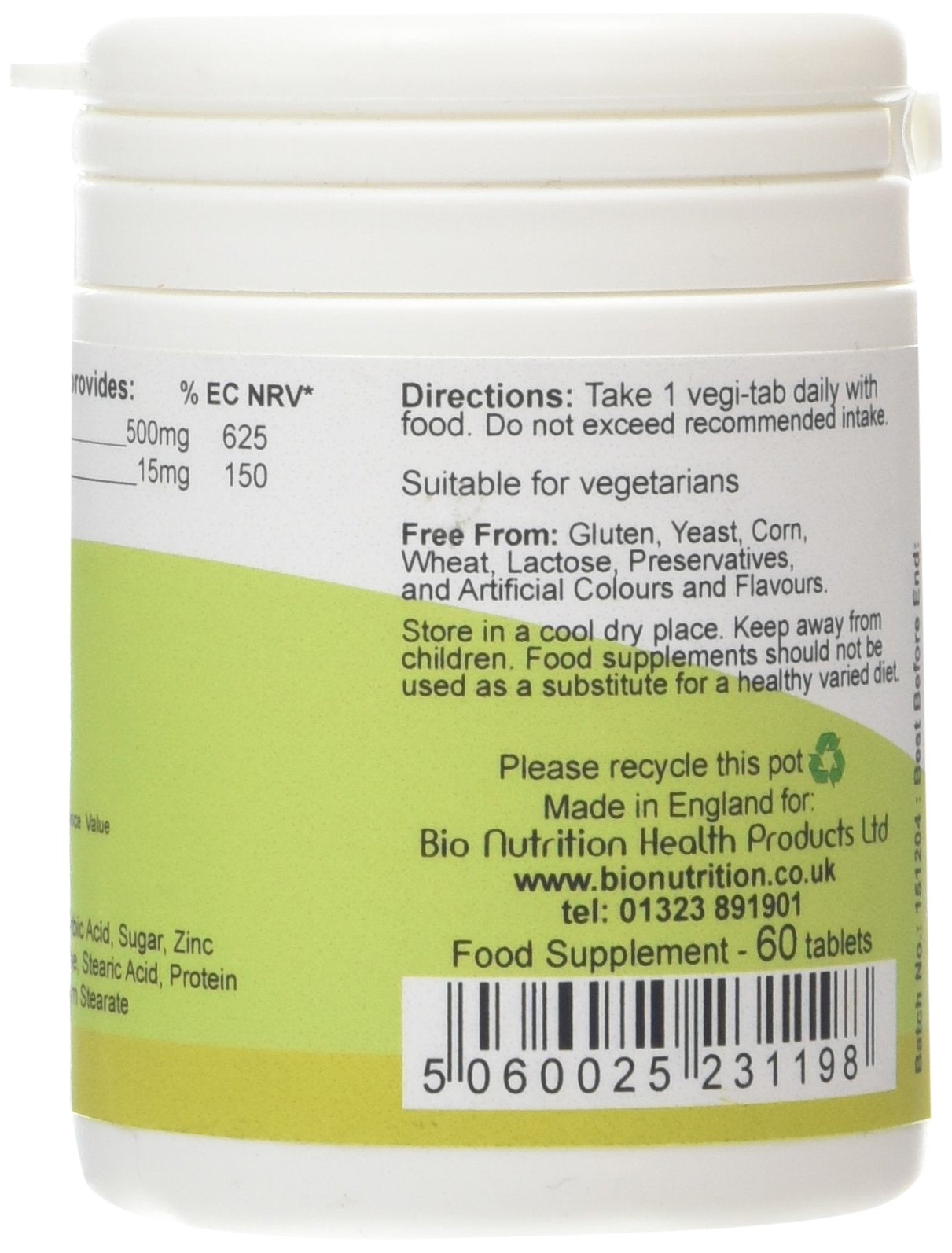 Bio Nutrition Vitamin C 500mg + Zinc 15mg : Antioxidant and Immune Vitamin and Mineral Supplement : 60 vegi-tabs