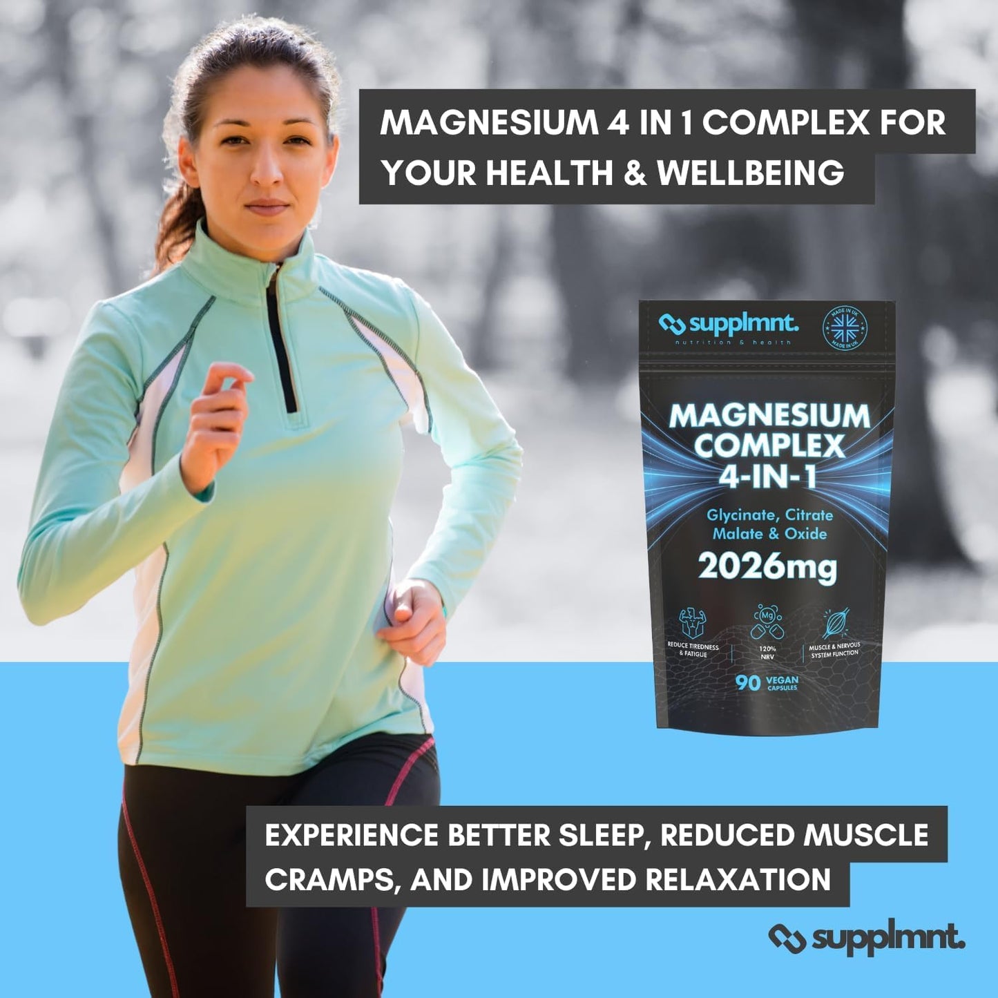 supplmnt. Supplmnt. Magnesium Glycinate 4-in-1 Complex - 2026mg Supplements as Bisglycinate, Citrate, Malate & Oxide 270 Vegan Capsules, Triple High Absorption 449mg Elemental, UK Made