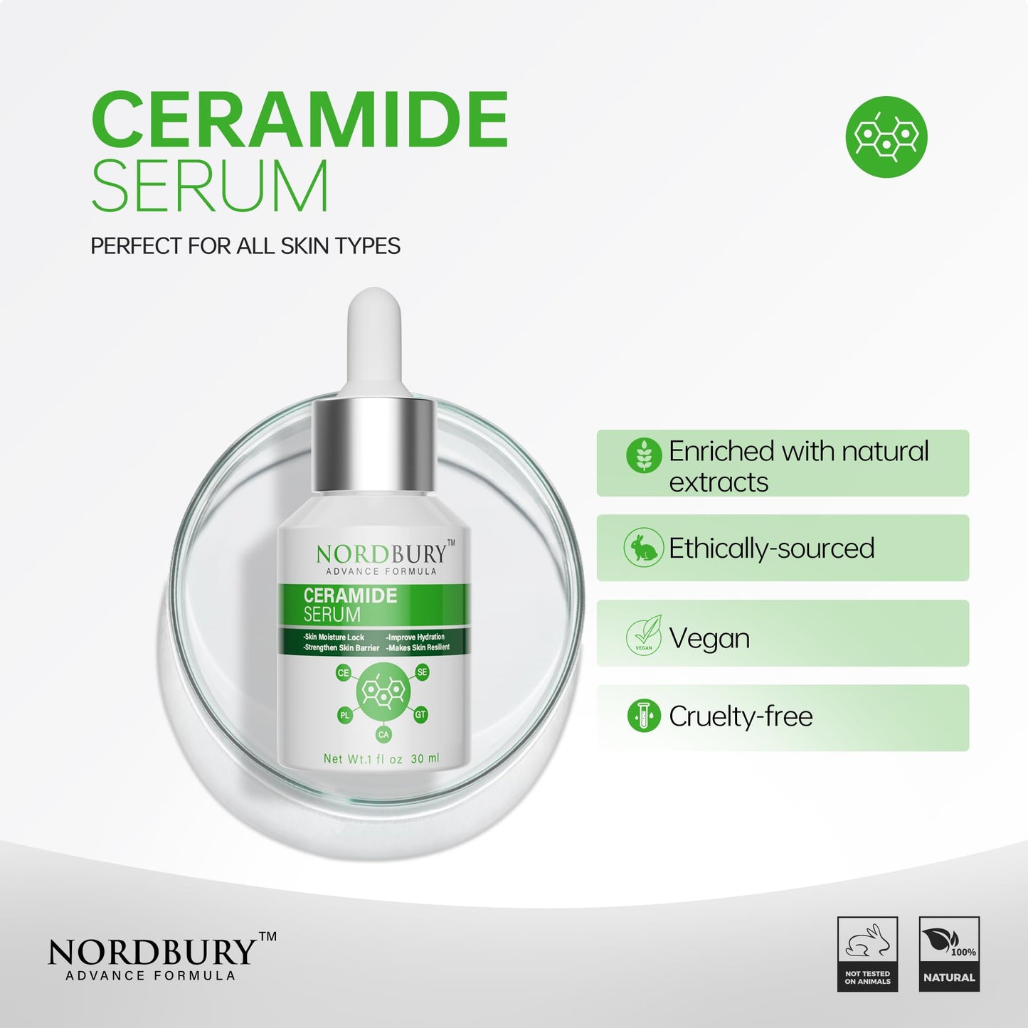 NORDBURY Ceramide Serum, 5X Ceramide with Panthenol Centella Aisatica Green Tea & Squalane, Skin Moisture Lock Strengthen Skin Barrier Improve Skin Hydration & Resilience Day and Night
