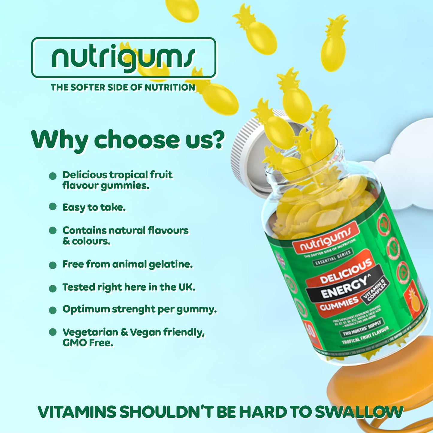 Nutrigums Energy Vitamin B Complex Vegan Tropical Fruit Flavour 60 Gummies | Two Month Supply | Vitamins B2, B3, B6, B12, B5 with Folic Acid, Zinc, Iodine & Biotin by NUTRIGUMS®
