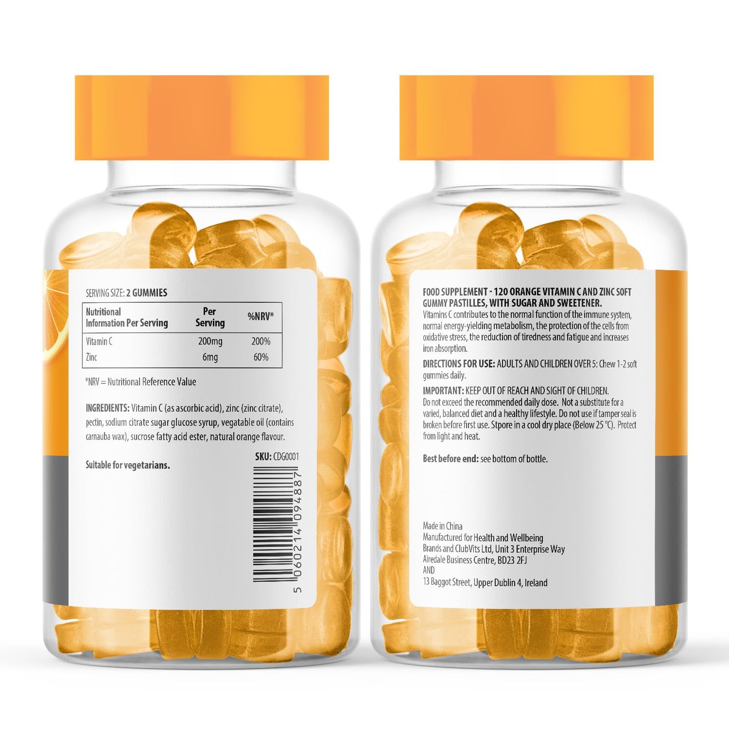 Vitamin C and Zinc Gummies by C Defence, Immunity, Vegan Gummies for Adults and Children- Orange Flavour