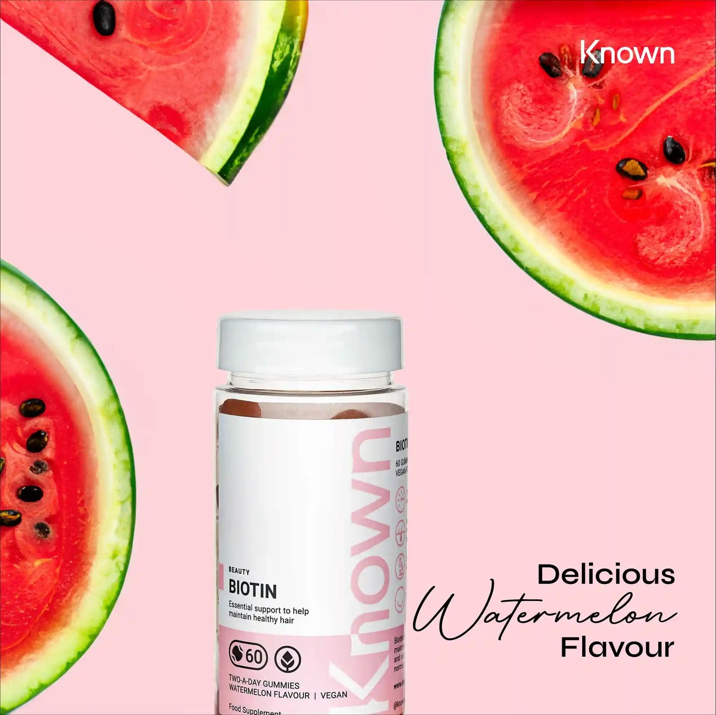 Biotin Gummies 10,000 mcg Watermelon Flavoured by Known Nutrition | for Hair, Skin and Metabolism | Watermelon Flavour | 60 Two-a-Day Vitamin Gummies | 10,000μg of Biotin per Serving (Pack of 1)