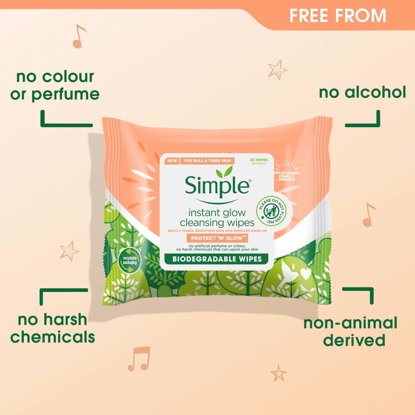 Simple Protect ‘N’ Glow Instant Glow Biodegradable Wipes dermatologically tested for sensitive skin 20 wipes
