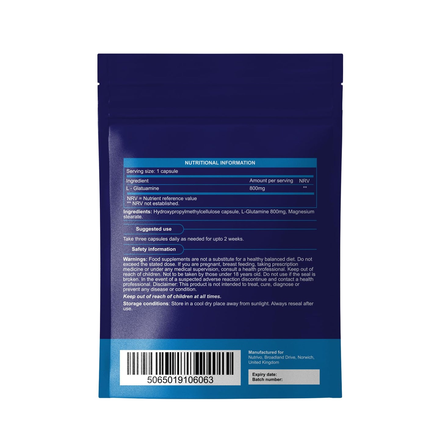 Nutrivo L-Glutamine 800mg Capsules | 90 Capsules Per Pouch | L-Glutamine Nutritional Supplements | Supports Muscle and Gut Health | Good Alternative to Powder and Tablets | Vegan & UK Made