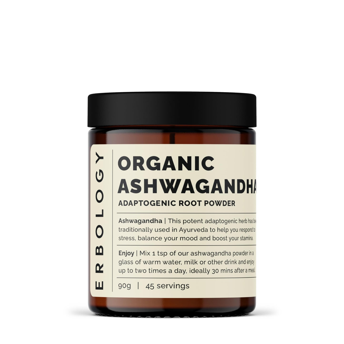 Erbology Organic Ashwagandha Powder 90g - 45 Servings - Sleep Aid - Rich in Withanolides - Sustainably Sourced Straight from Farm in India - Small Batch - Vegan - GMO-Free