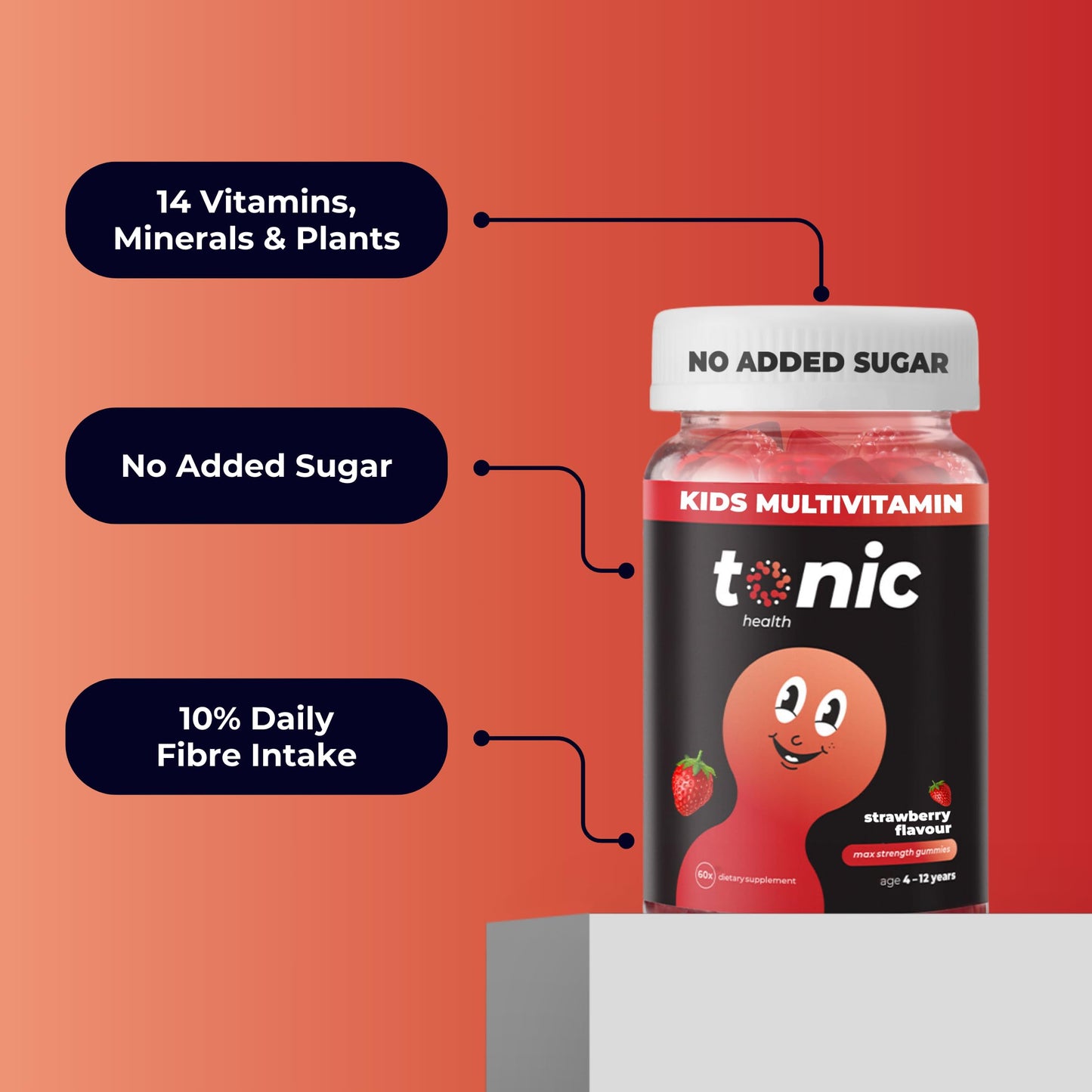 Tonic Health Kids Vitamins Gummies - 14 in 1 Kids Multivitamin with Vitamins A, C, D, E and Zinc, Strawberry Flavour, Month Supply (60 Count), Ages 4-12, No Added Sugar, No Sweeteners, Vegan