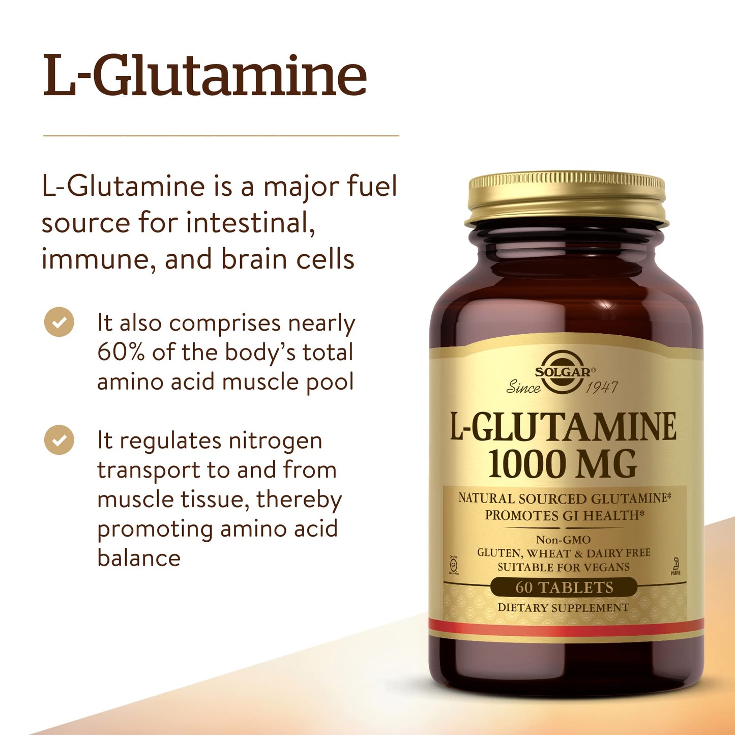 Solgar L-Glutamine 1000 mg Tablets - Pack of 60 - Supports Muscle Function - For Active Lifestyles - Great Addition to Whey Powder - Vegan
