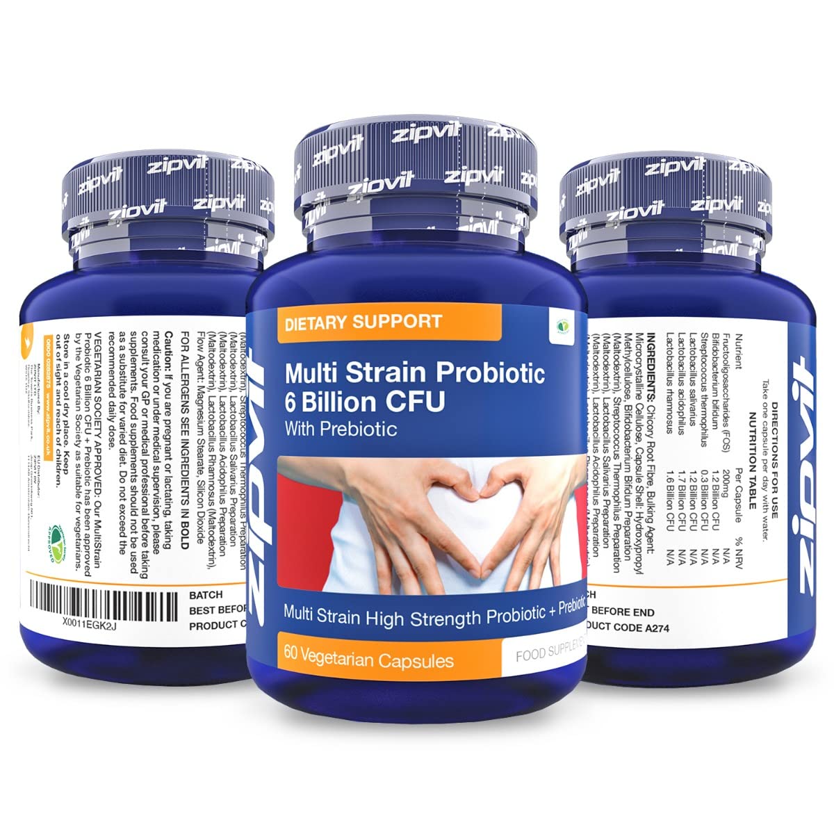 Probiotic 6 Billion Multi-Strain Live Bio Cultures Complex with Prebiotic, 60 Vegetarian Capsules. 100 Billion CFU Source Powder.