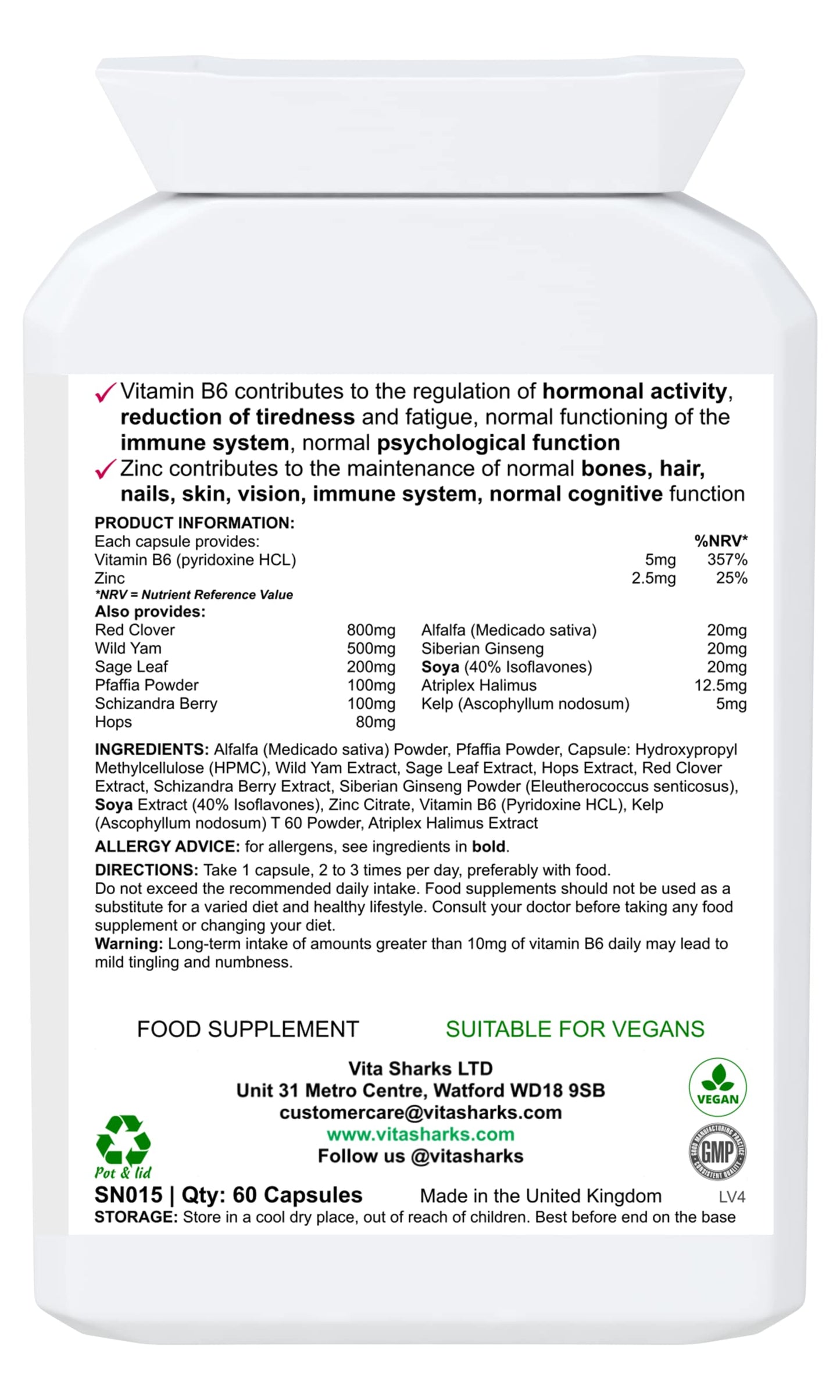 Vita Sharks VitaLady Meno for Natural Relief & Support of Menopause Symptoms & Hot Flashes, with 13 Potent Kosher Vegan Herbal Ingredients Including B6, Zinc & Isoflavones