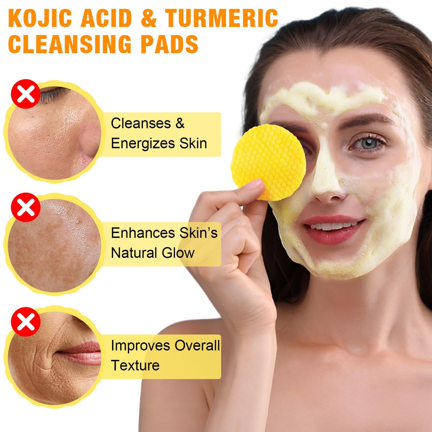 Kojic Acid and Turmeric Pads,Turmeric kojic Acid Pads for Face, Turmeric and Kojic Acid Cleansing Pads,Turmeric Cleansing Pads for Dark spots, Exfoliating, Acne Scars (50 PCS)