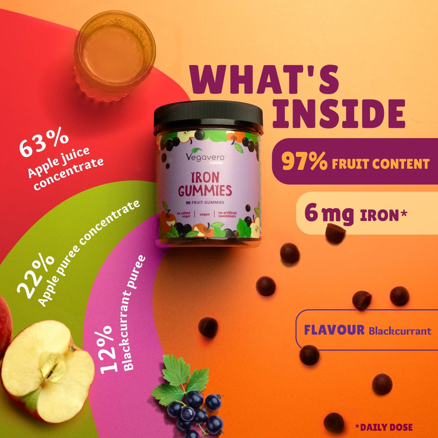 Vegavero Iron Gummies for Kids and Adults | 97% Fruit | Immunity & Energy Supplements | NO Sweeteners | NO Added Sugar or Gelatine | Vegan | 90 Gummies