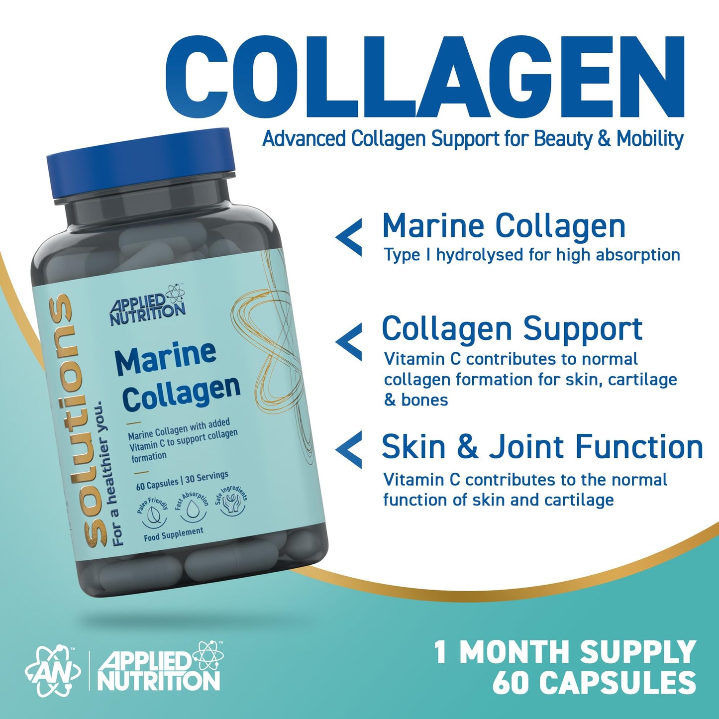 Applied Nutrition - Solutions - Marine Collagen - High Strength Type I Hydrolysed Collagen Capsules - Skin, Hair, Nail & Joint Support - 60 Capsules - 30 Servings